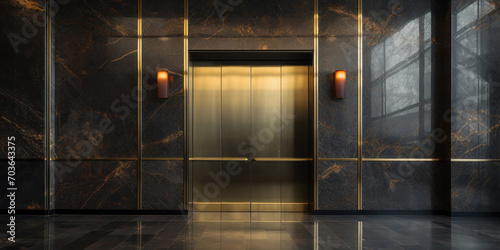 Polished metal elevator doors contrast with the dark, veined marble of an opulent lobby photo