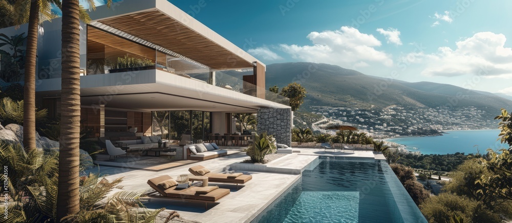 Under construction villa in mountains, near coastline, with luxury facilities and design. - obrazy, fototapety, plakaty 
