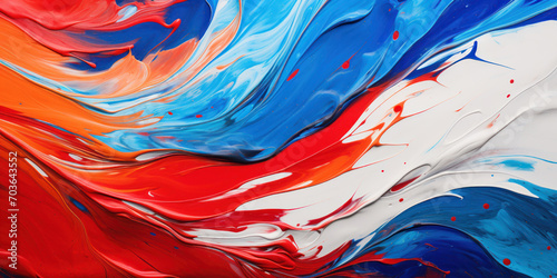 Abstract streaks of red, white, and blue paint swirl chaotically on canvas