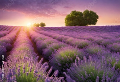 Lavender fields at sunset with vibrant purple hues and a solitary tree against a colorful sky.