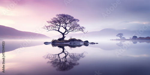 Solitary lavender tree stands on a misty islet, its reflection perfectly mirrored in the tranquil lake beneath © Putra