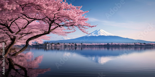 The iconic silhouette of Mount Fuji, enhanced by the beauty of a pink cherry tree and calm waters © Putra