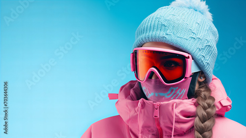 Young woman portrait in skii goggles ready for skiing isolated on blue background, extreme sport activities, winter holidays in the mountains resort, copy space
