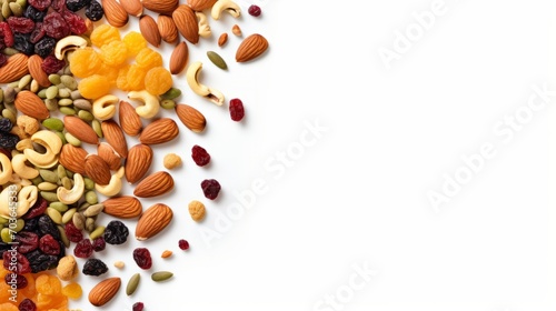 Mixed Dried fruit and nuts trail mix with almonds, raisins, seeds isolated on white background, top view, copy space isolated on white background,. Created using Generative AI Technology © LofiAnimations