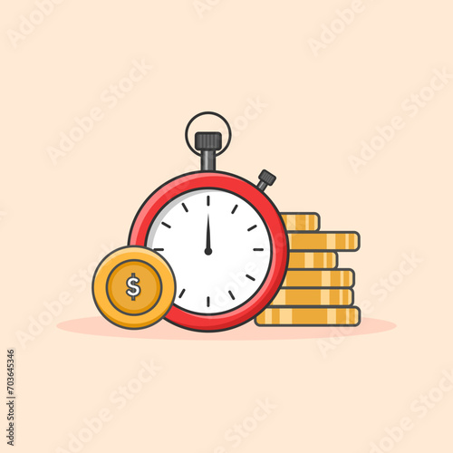 Time is money concept vector icon illustration. Clock symbol and pile of gold coins. Financial concept design.