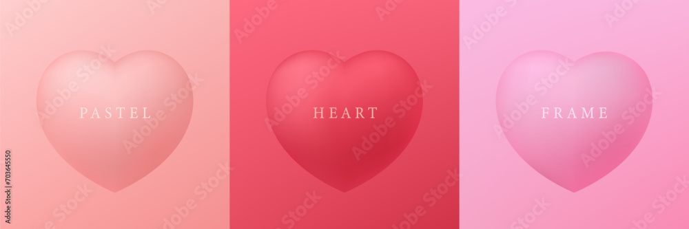 Set of pastel pink, and red 3D heart shape frame design. Elements for valentine day festival design. Collection of heart backdrop for cosmetic product display. Top view. Vector illustration.