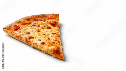 A Single Triangular Slice of Cheese Pizza on a Solid White Background With Copy Space