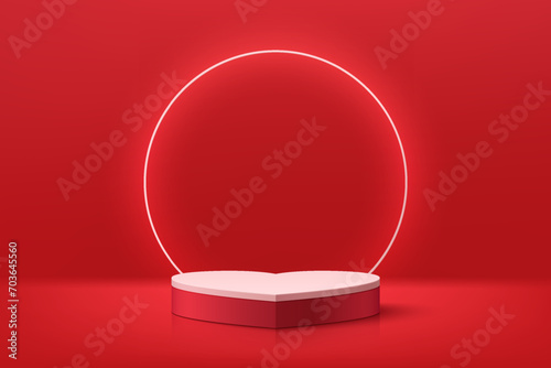 Valentine 3D red podium pedestal  heart shape with glowing neon ring background. Dark red minimal wall scene for cosmetics product display presentation. Vector rendering geometric platform design.