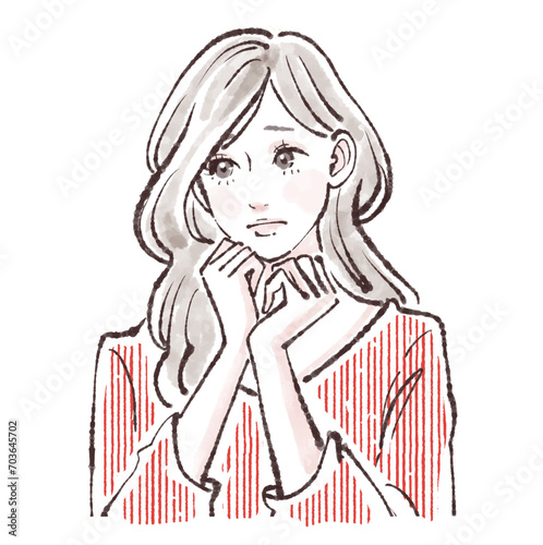 悩む/考える/落ち込む/不安/どうしよう/うーん/悲しい/疑問/切ない/迷走/解説/説明/注目/教える/先生/解説者/アドバイス/黒板/授業/講義/こちら/案内する/注目/水彩/手描き/女性/女の子のイラスト素材