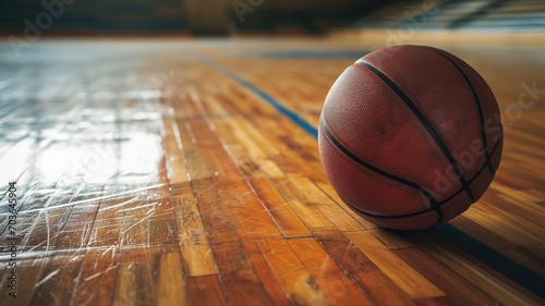 A basketball on a glossy wooden court floor © Artyom