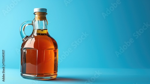 Maple syrup in a clear glass jug against a blue background photo
