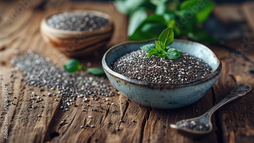 Chia seeds in a rustic bowl with fresh basil on a wooden table
