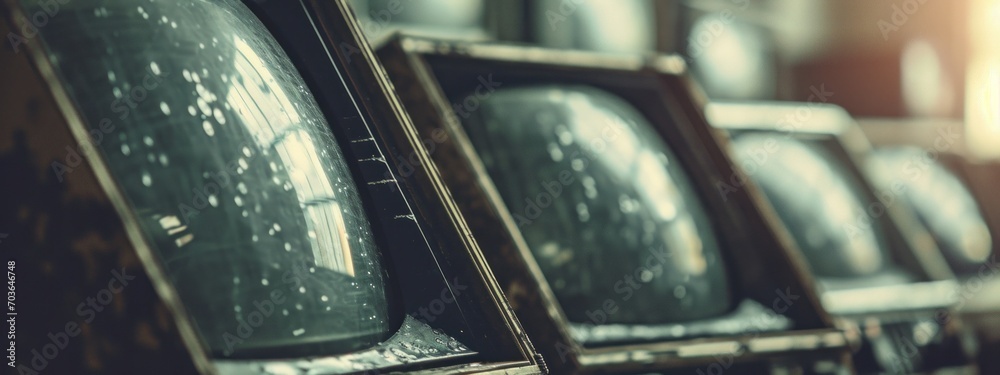 Vintage televisions in a row, showcasing weathered screens and a sense of nostalgia.
