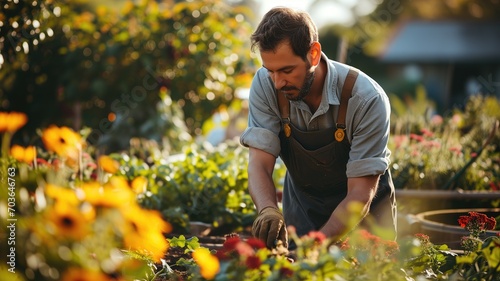 Man gardening among vibrant flowers at sunset