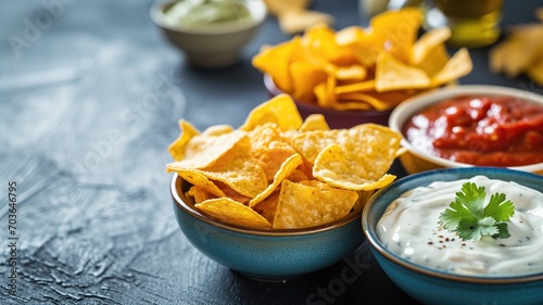 Tortilla chips in a blue bowl with dips on a dark slate photo