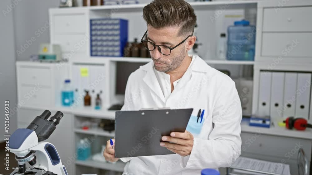 Handsome young hispanic man, charismatic scientist engrossed working, writing a research report in bustling chemistry lab, using a microscope and test tubes for a crucial medical experiment. Handsome young hispanic man, charismatic scientist engrossed working, writing a research report in bustling chemistry lab, using a microscope and test tubes for a crucial medical experiment.