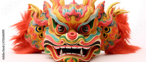 Chinese lion dance head, China Lunar New Year dragon mask on white background