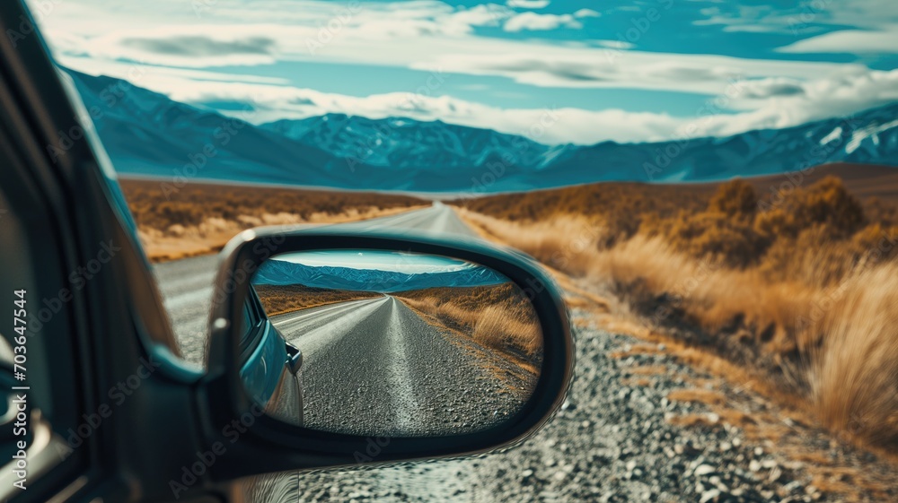 Road view in a car's side mirror with mountains in the distance