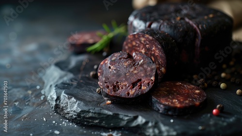 Slices of black pudding garnished with herbs on a slate