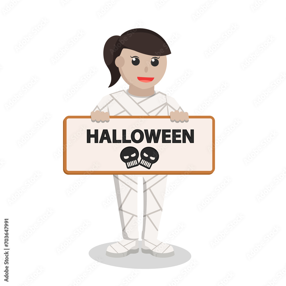 Woman With Mummy Costume holding sign halloween Woman With Mummy Costume holding sign halloween
