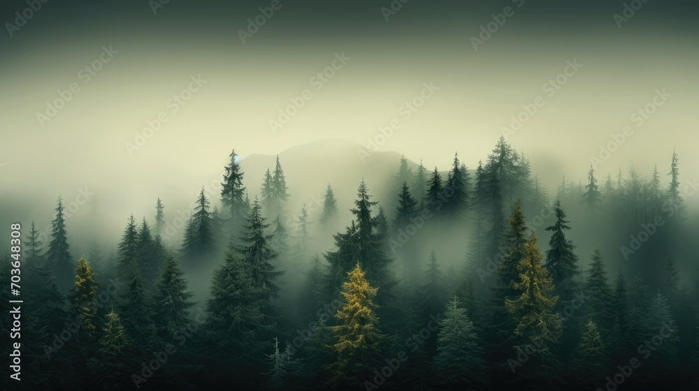 Overview of dense foggy woodland with tall trees, bird's-eye view of misty forest with pine trees in the mountains in dark green tones
