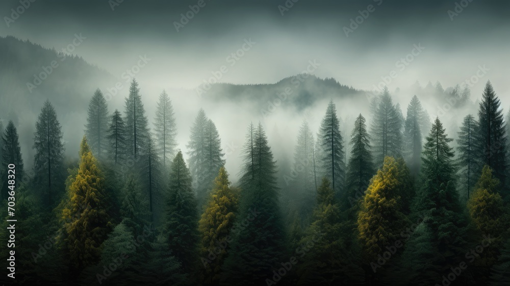 Display of mist-shrouded woods with towering trees, panoramic scene of foggy forest with pine trees in the mountains in deep green shades