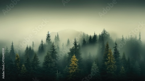 Overview of dense foggy woodland with tall trees  bird s-eye view of misty forest with pine trees in the mountains in dark green tones