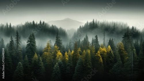 Landscape of mist-covered woods with towering trees  overhead view of foggy woods with pine trees in the mountains in deep green shades