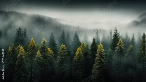 Sight of mist-laden woods with towering trees, panoramic aerial scene of foggy woodland with pine trees in the mountains in deep green shades photo