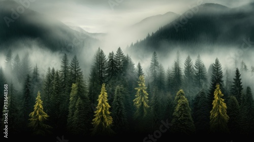 View of fog-wrapped woodland with tall trees, bird's-eye shot of foggy forest with pine trees in the mountains in dark green tones