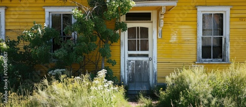 Yellow-painted house with white-trimmed door in South Park, Colorado, a ghost town. photo