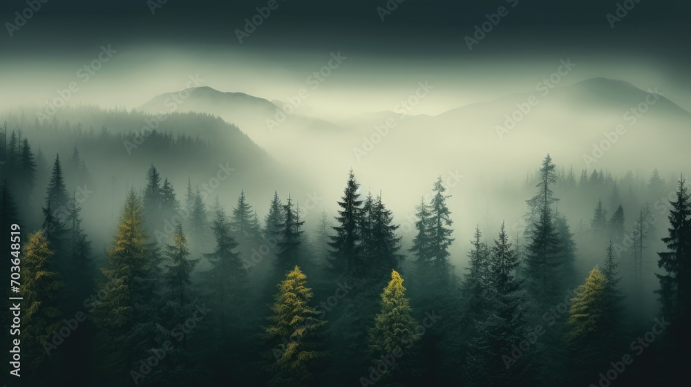 Scenery of thick fog enveloping a woodland with tall trees, aerial view of foggy forest with pine trees in the mountains in dark green tones