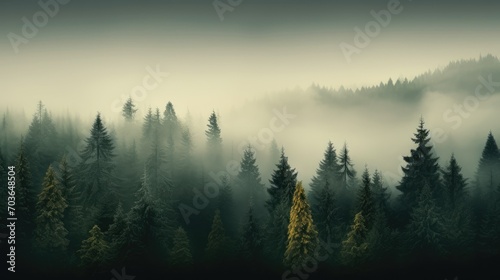 Display of fog-blanketed forest with towering trees, panoramic scene of misty woods with pine trees in the mountains in deep green shades