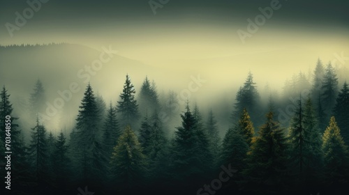 Sight of mist-laden woods with towering trees, panoramic aerial scene of foggy woodland with pine trees in the mountains in deep green shades © artestdrawing