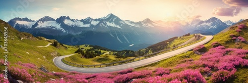 Amazing nature landscape and winding road on the mountain pass. Blossoming rhododendron flowers on the hills with Giau pass at sunset, Dolomites, Italy, Europe