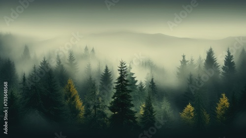 View of fog-wrapped woodland with tall trees  bird s-eye shot of foggy forest with pine trees in the mountains in dark green tones