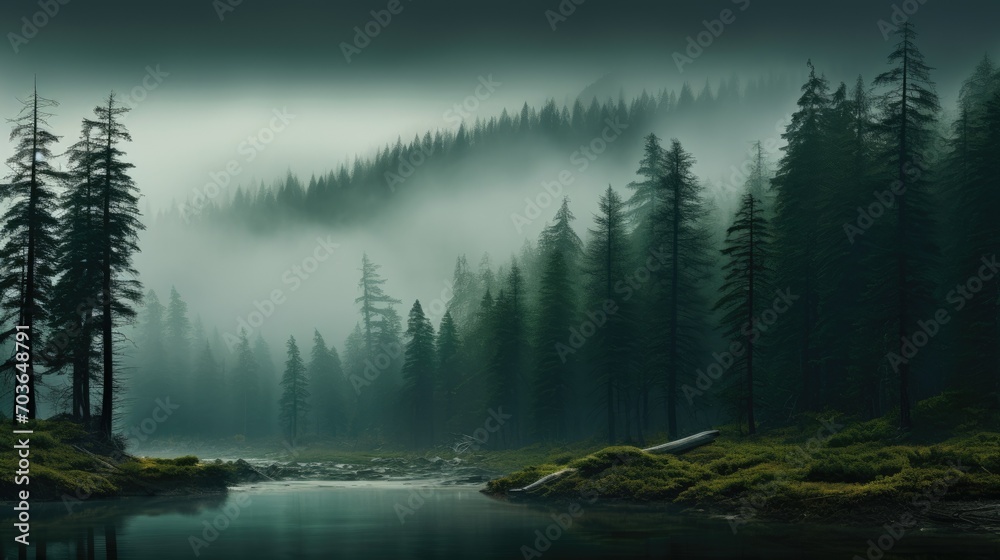 Obraz premium Glimpse of the river coursing through a mist-covered woodland with tall trees. Mystical sight of the river within the misty forest