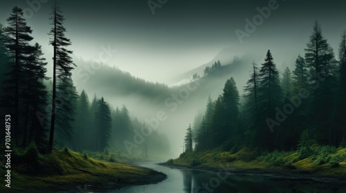 Scenery of the river winding through a misty woodland with towering trees. Mysterious view of the river embraced by the misty forest