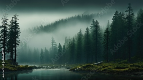 Glimpse of the river coursing through a mist-covered woodland with tall trees. Mystical sight of the river within the misty forest