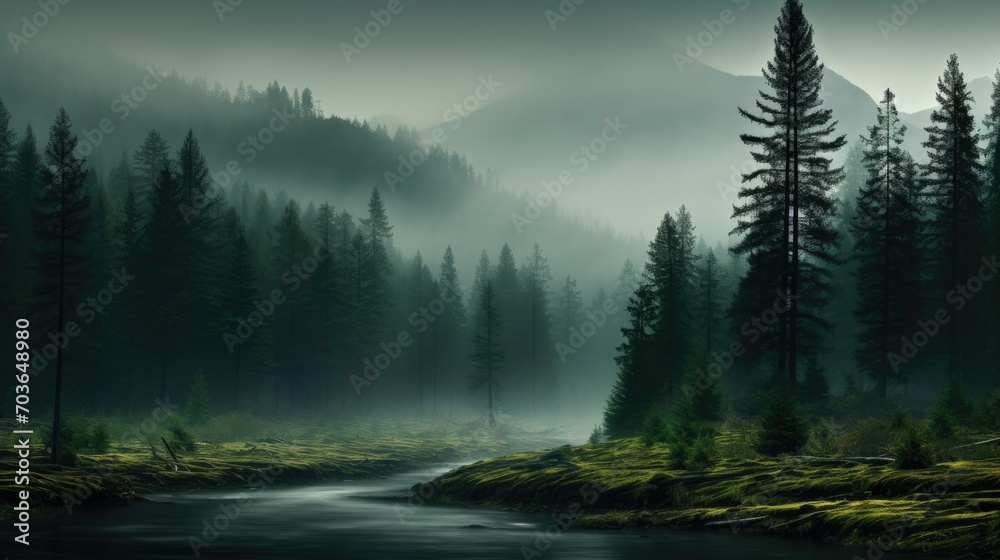 Scenery of the river winding through a fog-covered woodland with towering trees. Mysterious scene of the river embraced by the misty forest