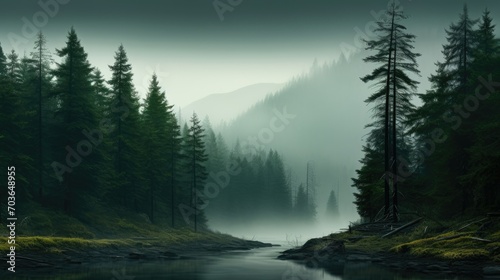 Overview of the flowing river in the middle of a dense misty forest with towering trees. Magical perspective of the river in the misty forest