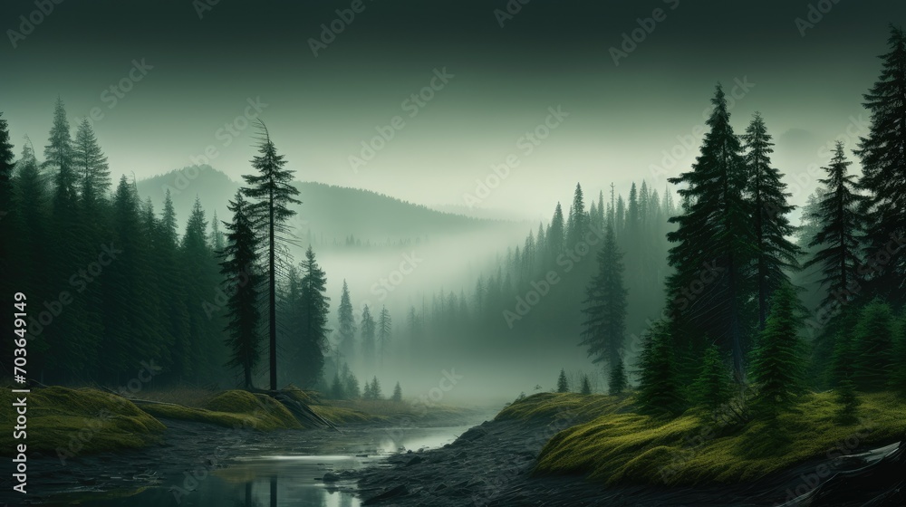 Landscape of the river flowing through a misty forest with tall trees. Otherworldly sight of the river in the misty woodland - obrazy, fototapety, plakaty 