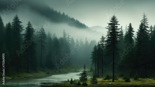 Display of the river in the midst of a fog-blanketed forest with tall trees. Enchanting view of the river with misty woodland surroundings