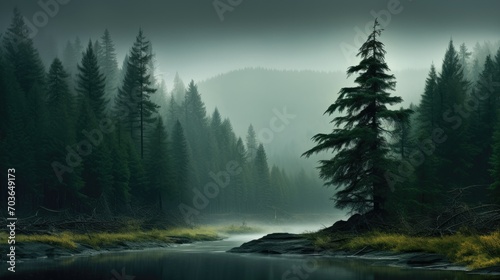 View of the river in the heart of a fog-shrouded woodland with towering trees. Magical perspective of the river in the misty forest