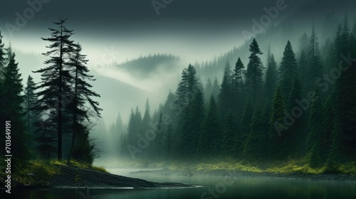 Observation of the watercourse in the midst of a fog-draped woodland with towering trees. Mysterious scene of the river in the misty forest