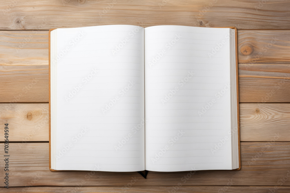 Opened lined notebook on wooden table, top view Opened lined notebook on wooden table, top view