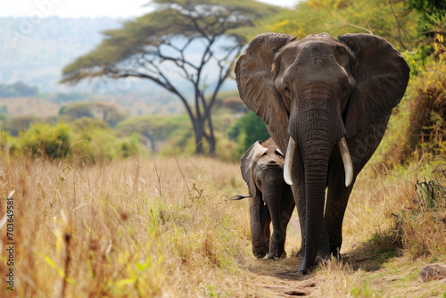 Adult and young elephants walking on the trail