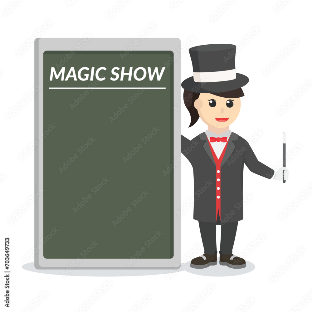 magician woman with black board information design character on white background