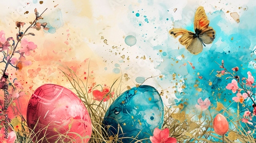 watercolor festive easter background with flowers, easter eggs, butterflies
