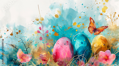 watercolor festive easter background with flowers, easter eggs, butterflies
